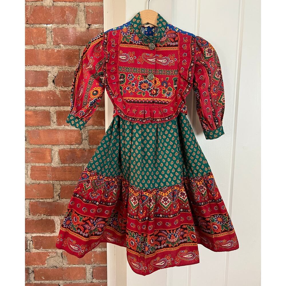 Vintage 70s Girls Prairie Dress Patchwork Floral Cottagecore Folk Red Green 3T